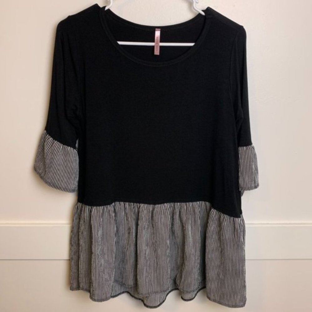 Cool Melon Black Striped Ruffle Half Sleeve Shirt